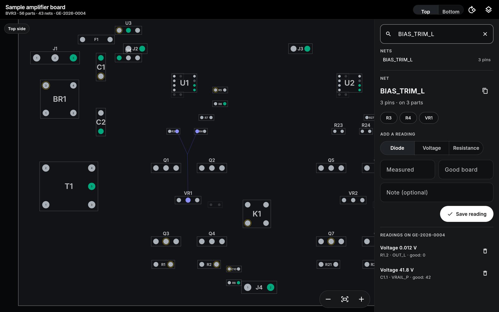 The board viewer: a sample amplifier board with the net BIAS_TRIM_L highlighted across R3, R4 and VR1, and two saved voltage readings in the side panel