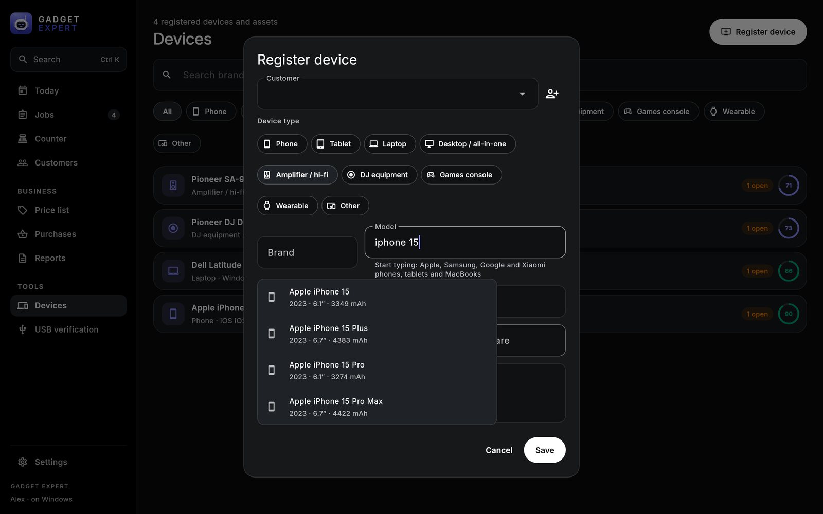 Registering a device by picking the model from the built-in catalogue