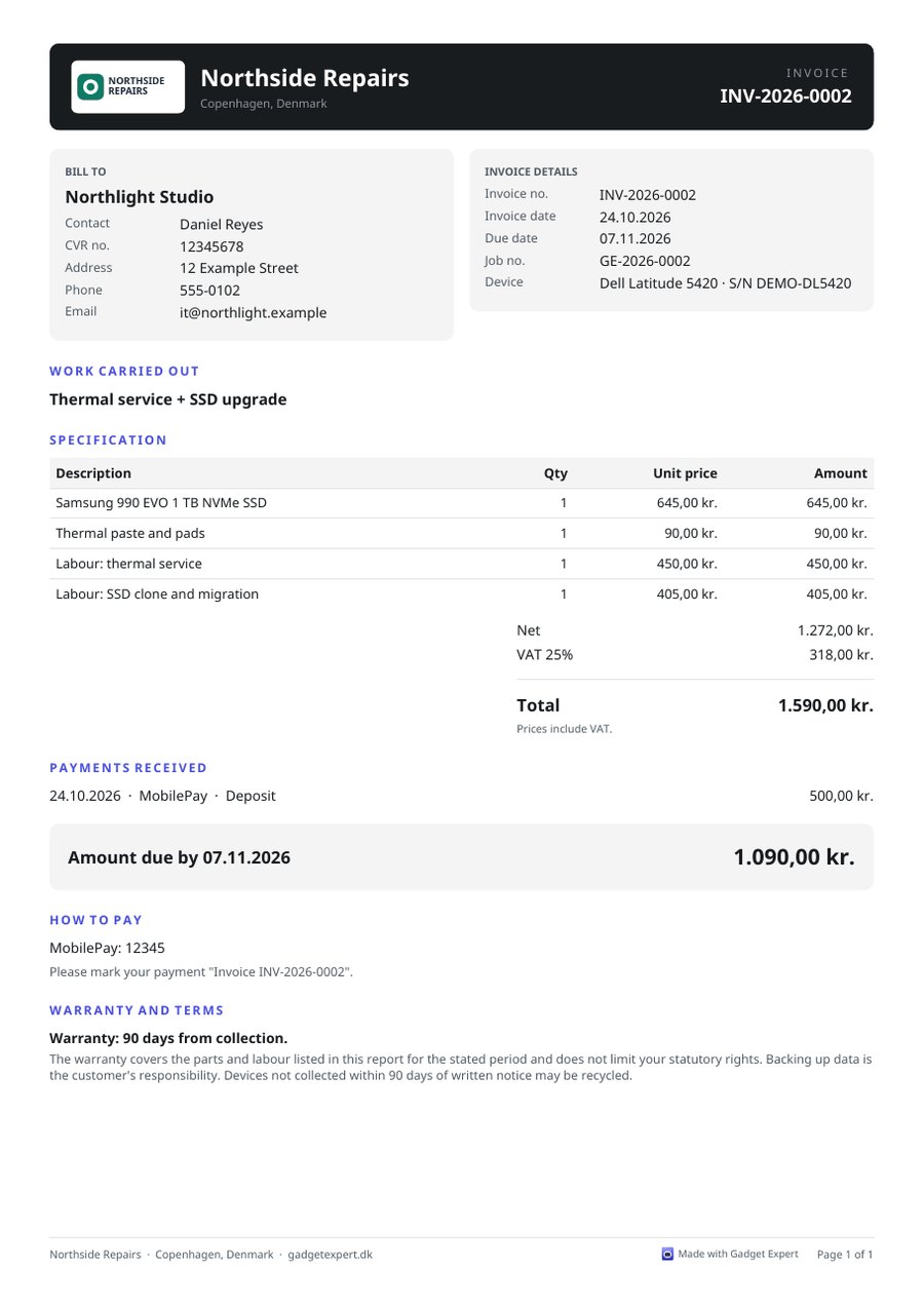 A sample invoice with a shop logo, line items, VAT and payment details