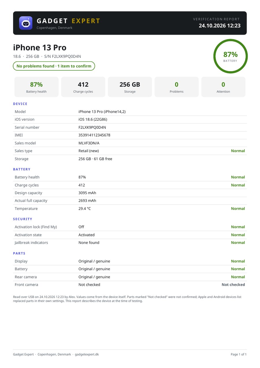 A sample USB verification report for an iPhone