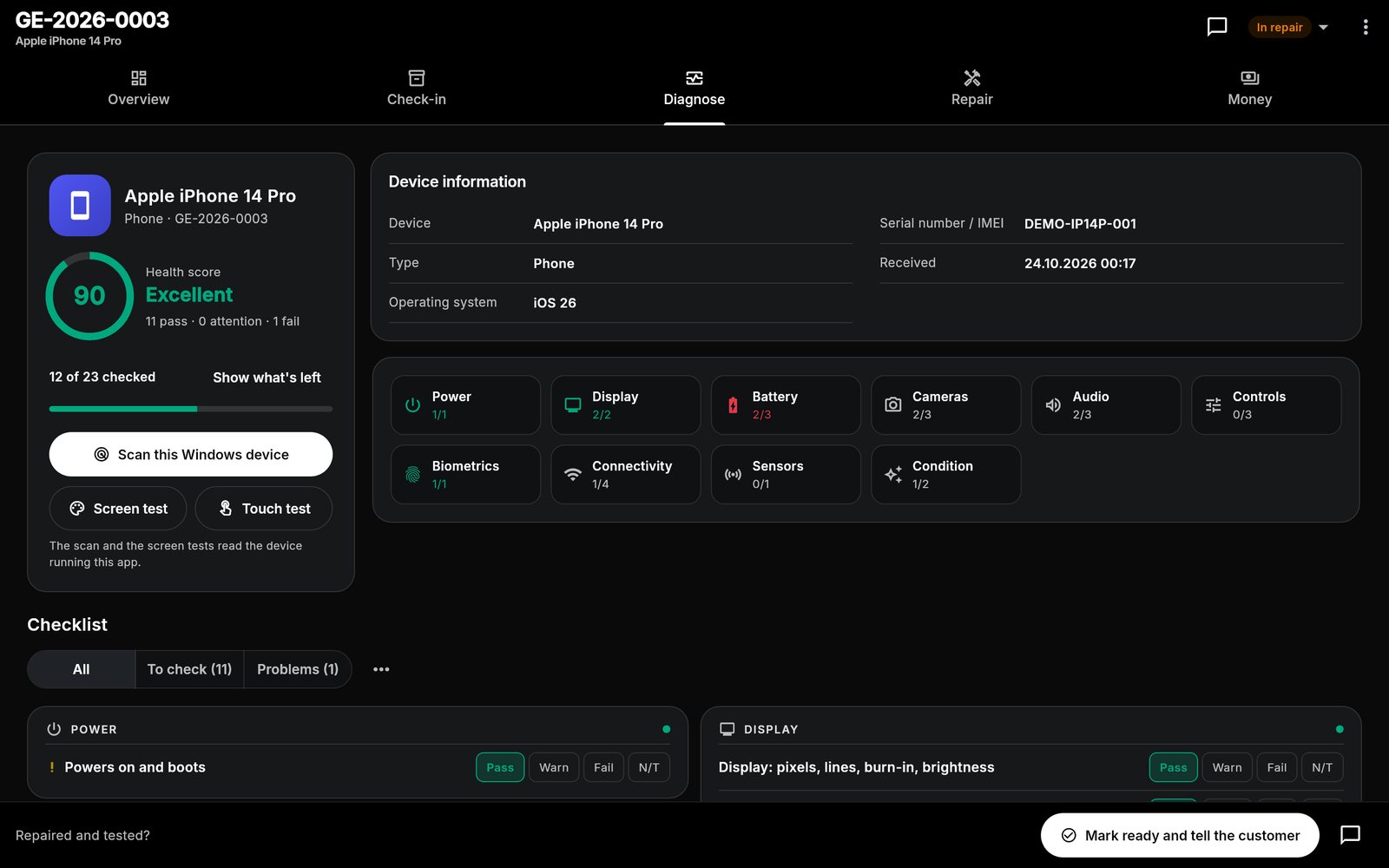 The Diagnose tab: a health score of 90, a live scan panel and manual tests