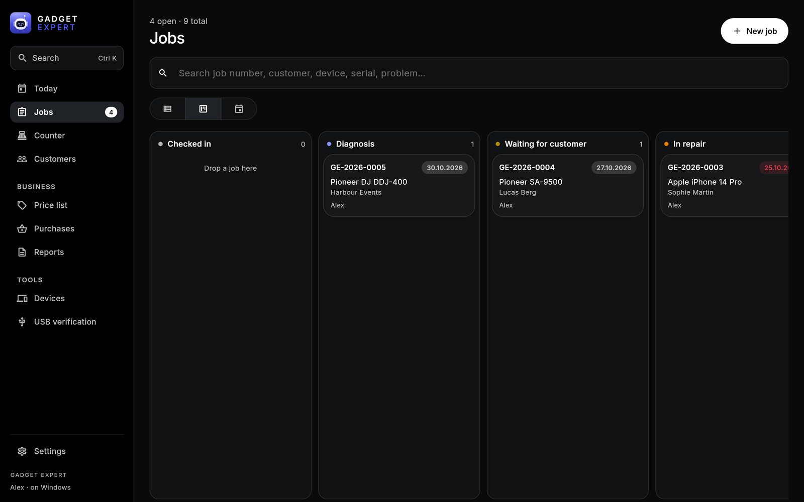 The jobs board with a column per status